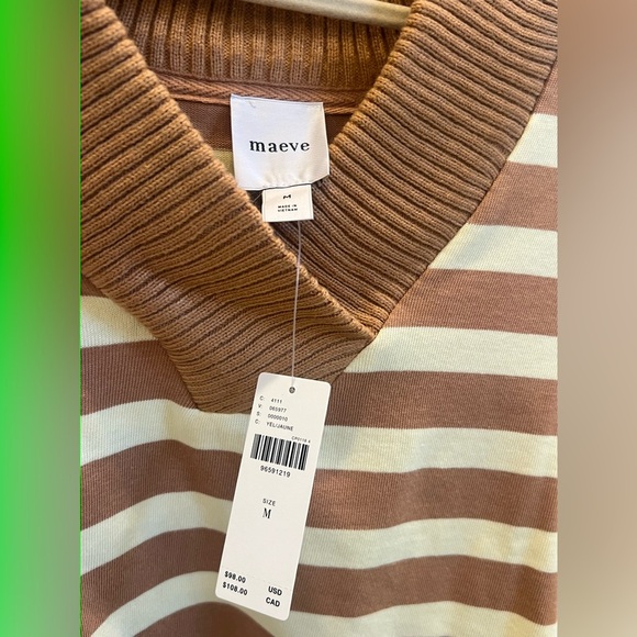 NWT new medium Anthropologie Maeve cotton boxy v-neck top tan yellow stripe - Picture 6 of 16